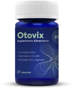 Frasco de Otovix, cápsulas con vitaminas A, C, E y B9 más zinc y magnesio para el oído