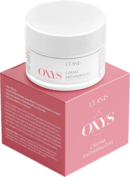 Pote y caja de Oxys, crema facial antiarrugas de la marca Ltanis