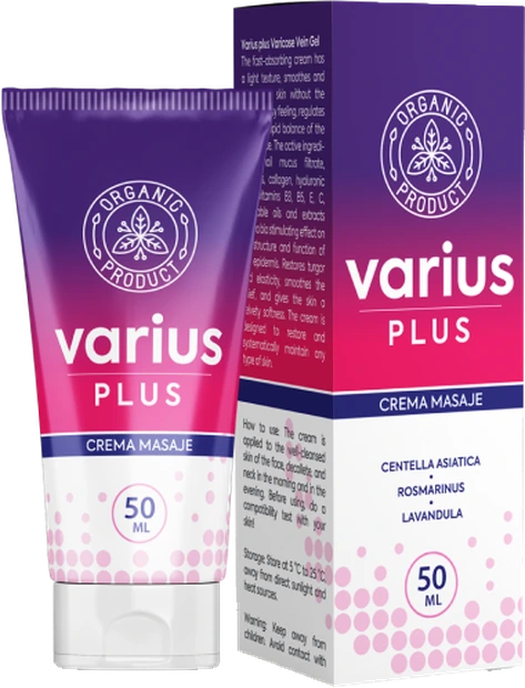 Envase de Varius Plus, crema de 50 ml para el alivio de piernas pesadas y varices