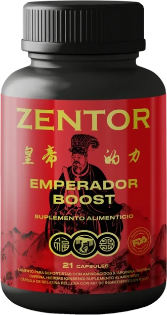 Frasco rojo de Zentor Emperador Boost, 21 cápsulas, suplemento alimenticio para hombres
